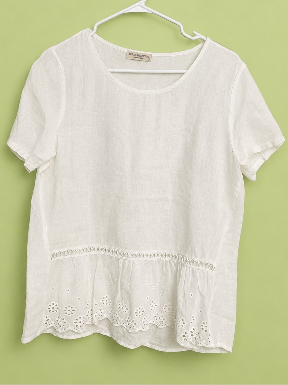 Terzo Millennio Linen Tunic Blouse Coastal  Grandma Small Short Sleeve Eyelet